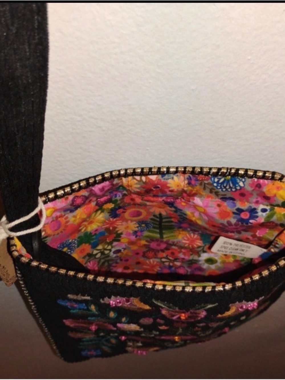 NATURAL LIFE Black Embroidered Crossbody with Colorful Floral Interior